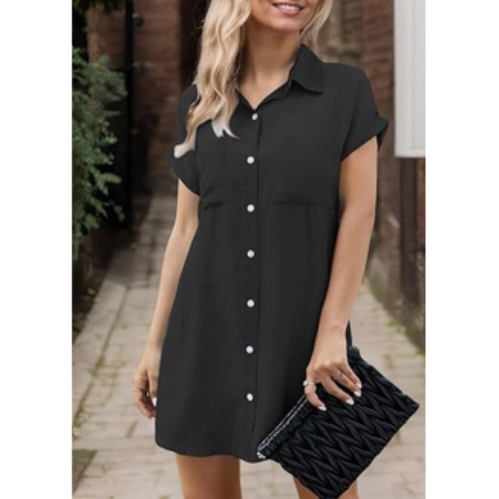 Zilcremo Women's Casual Short Sleeve Button Down Denim Shirt Dress - NWT